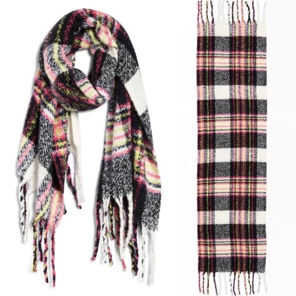 NWT Nordstrom BP Plaid Fleece Blanket Scarf Yellow Black Grey White New Tag Boho - Picture 1 of 11